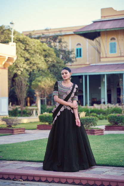 RangBhoomi Black Aurum Georgette Lehenga with Thread & Sequins Embroidery