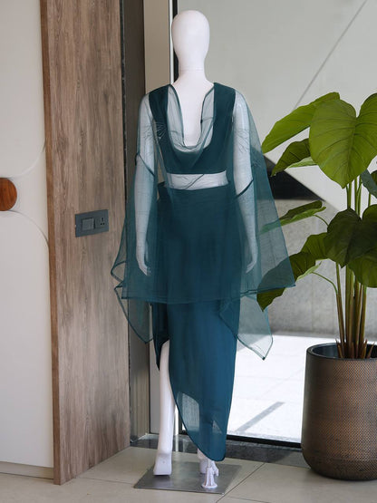 Designer Fusion Style Luxury Collection - Elegant Roman Silk Ensemble with Embroidery, Net Lace Dupatta, and Dripping Skirt