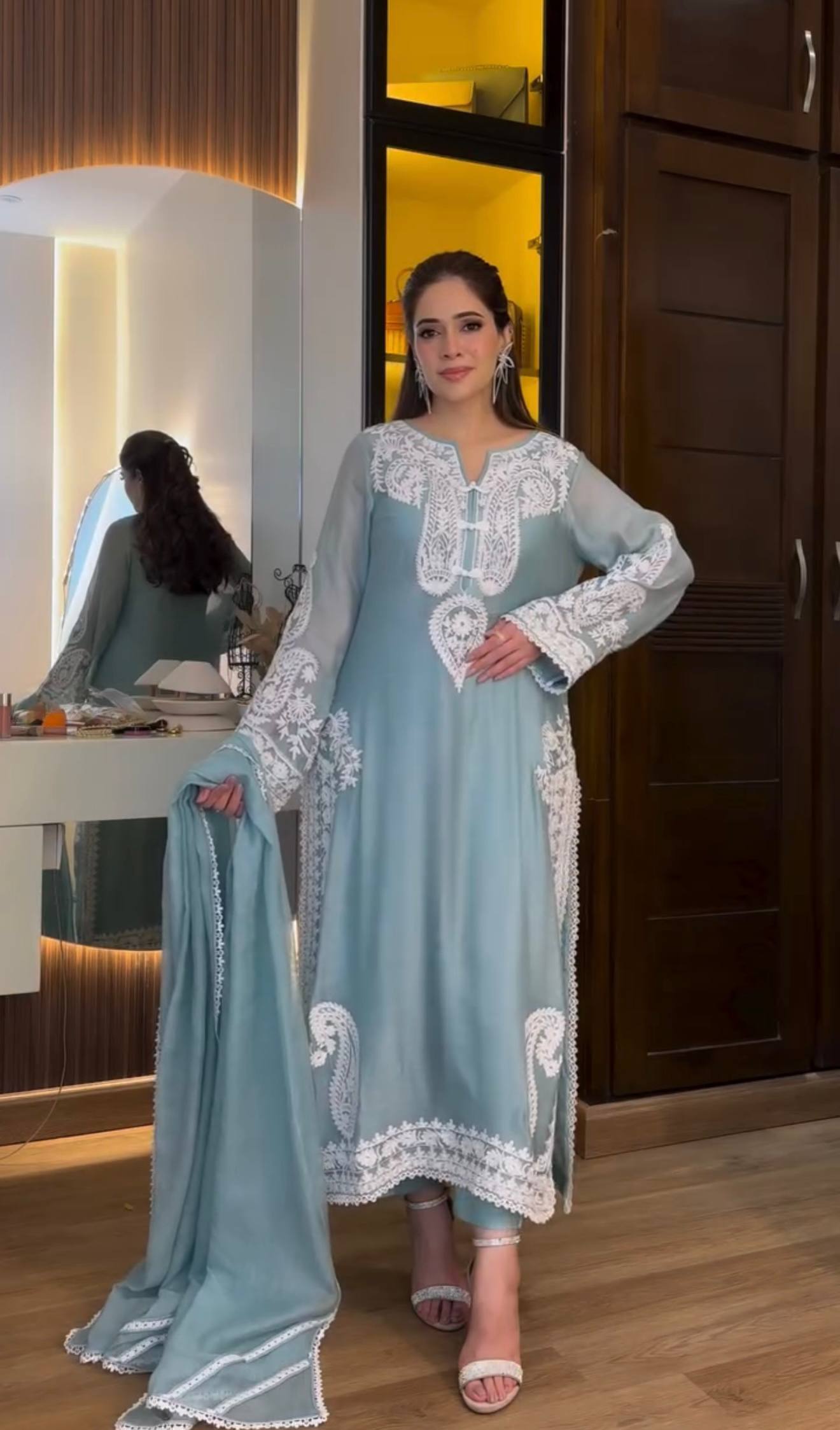 Elegant Designer Party Wear Set with Pure Soft Nylon Organza Silk Top, Palazzo Pants & Dupatta