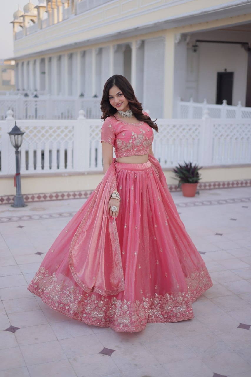Elegant Lehenga Choli Set with Heavy Sequins and Zari Thread Embroidery in Fendi Silk