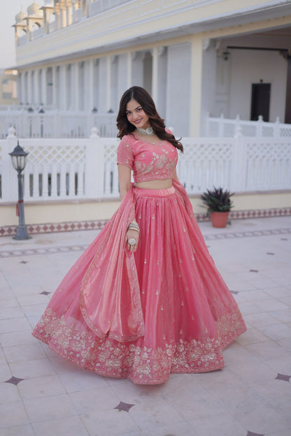 Elegant Lehenga Choli Set with Heavy Sequins and Zari Thread Embroidery in Fendi Silk