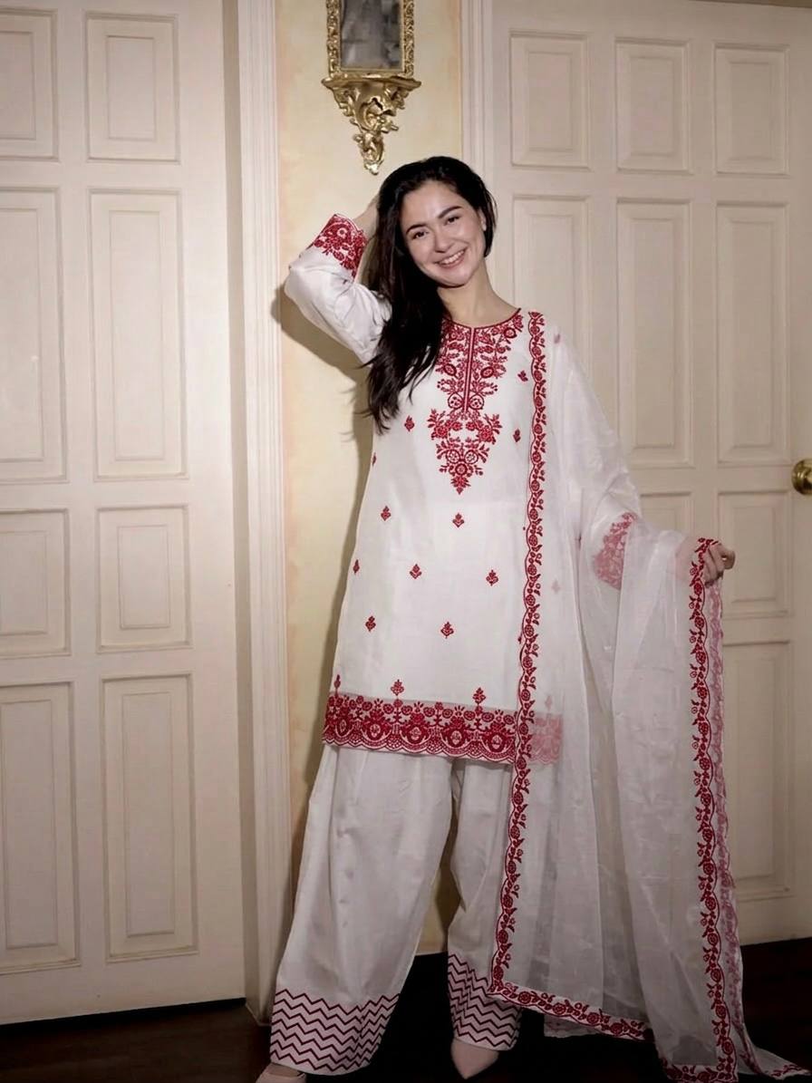 Elegant Women's Ethnic Ensemble with Embroidered Rayon Cotton Top, Farshi Pants, and GMY Silk Dupatta