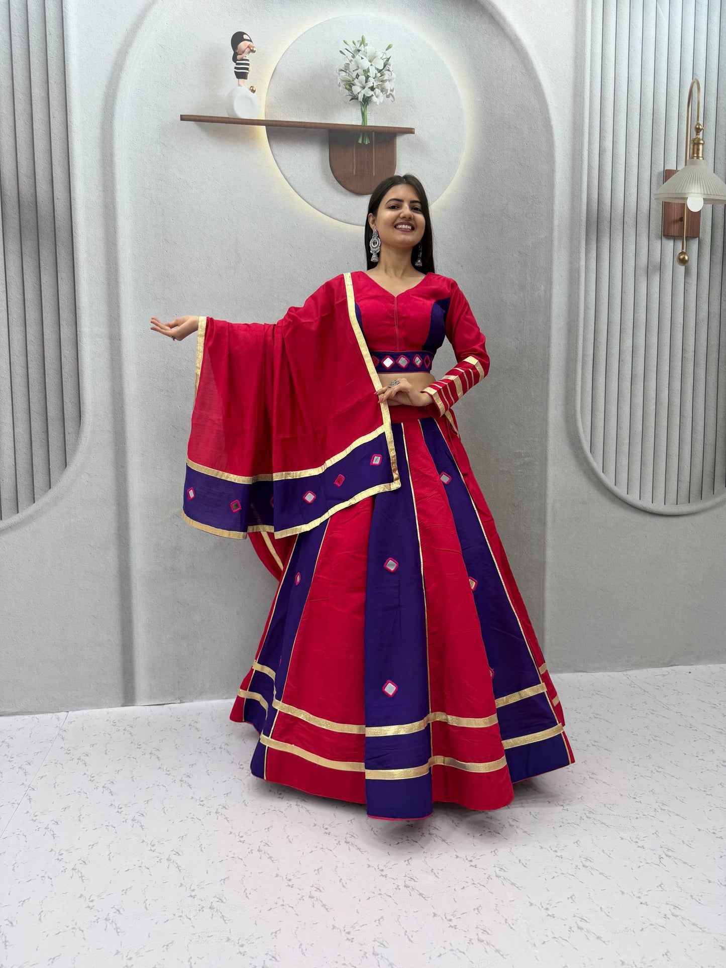 RangBhoomi Navratri Mirror-Work Roman Silk Lehenga Choli - 6+ Meter Flair