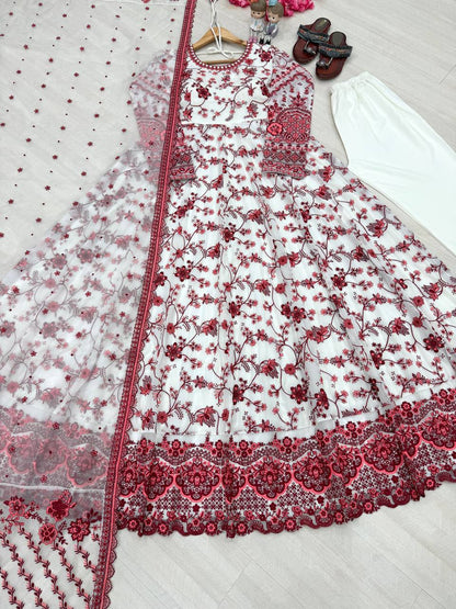 Elegant Party Wear Heavy Faux Georgette Gown with Organza Dupatta and Micro Cotton Bottom Set