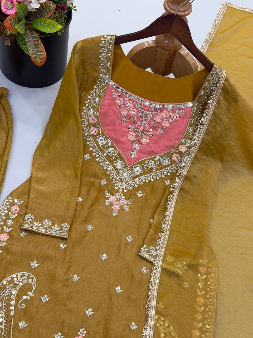 RangBhoomi NC Moss Designer Embroidered Top-Bottom & Dupatta Set — Fully Stitched Ready to Wear