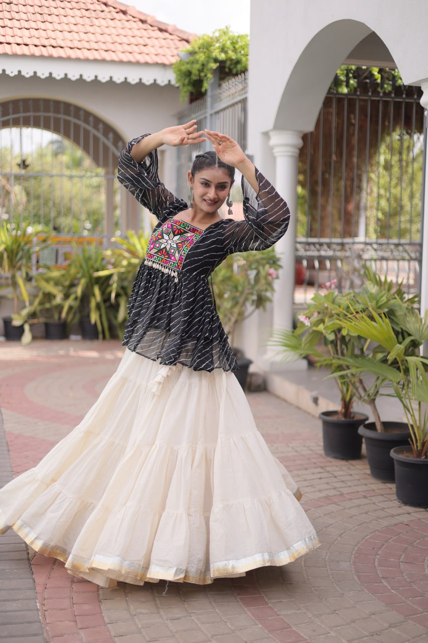 RangBhoomi Navratri Lehenga Choli Set — Kora Cotton Frill with Laheriya Print