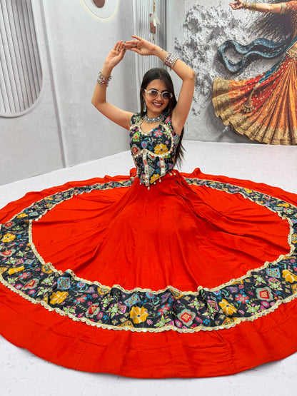 RangBhoomi Tapi-338 Big Flair 6 Meter Pure Cotton Lehenga Choli — Silk Choli, Fox Georgette Dupatta