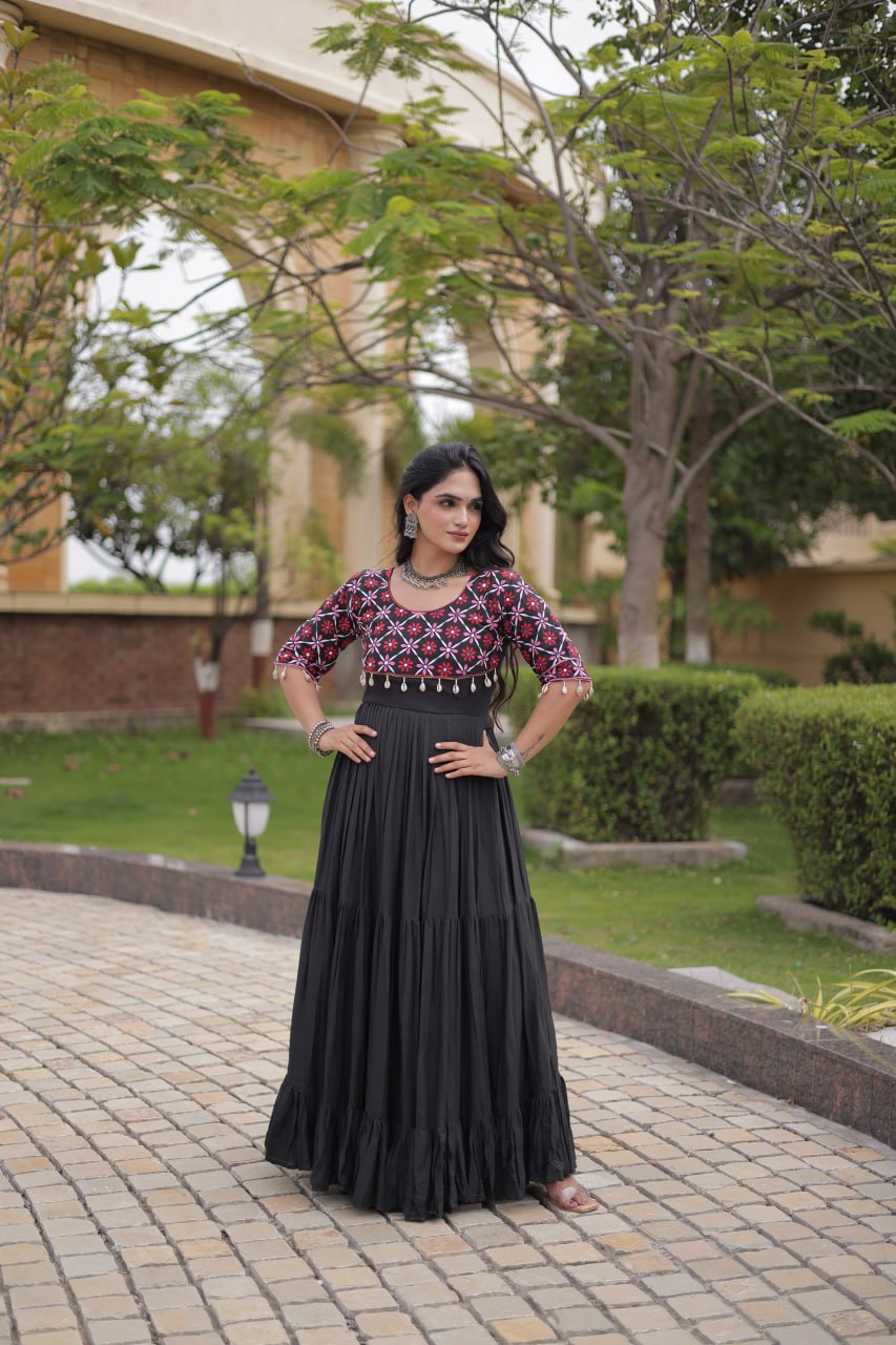 RangBhoomi Navratri Embroidered Kora Cotton Gown — 54" Length, Half Sleeve (Maroon / Black)