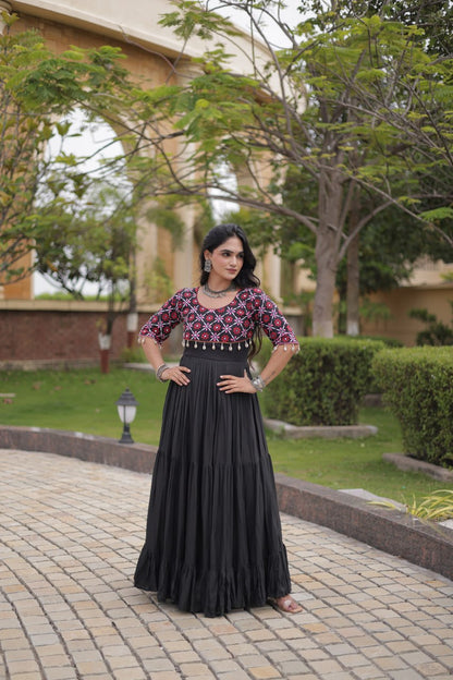 RangBhoomi Navratri Embroidered Kora Cotton Gown — 54" Length, Half Sleeve (Maroon / Black)