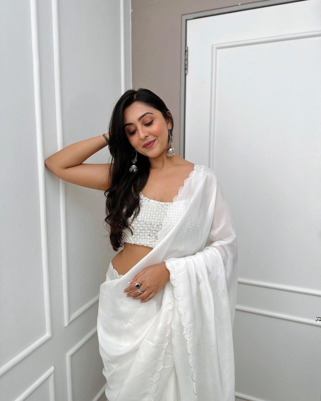 Elegant white Rangoli silk ready to wear saree with beaded blouse piece included.