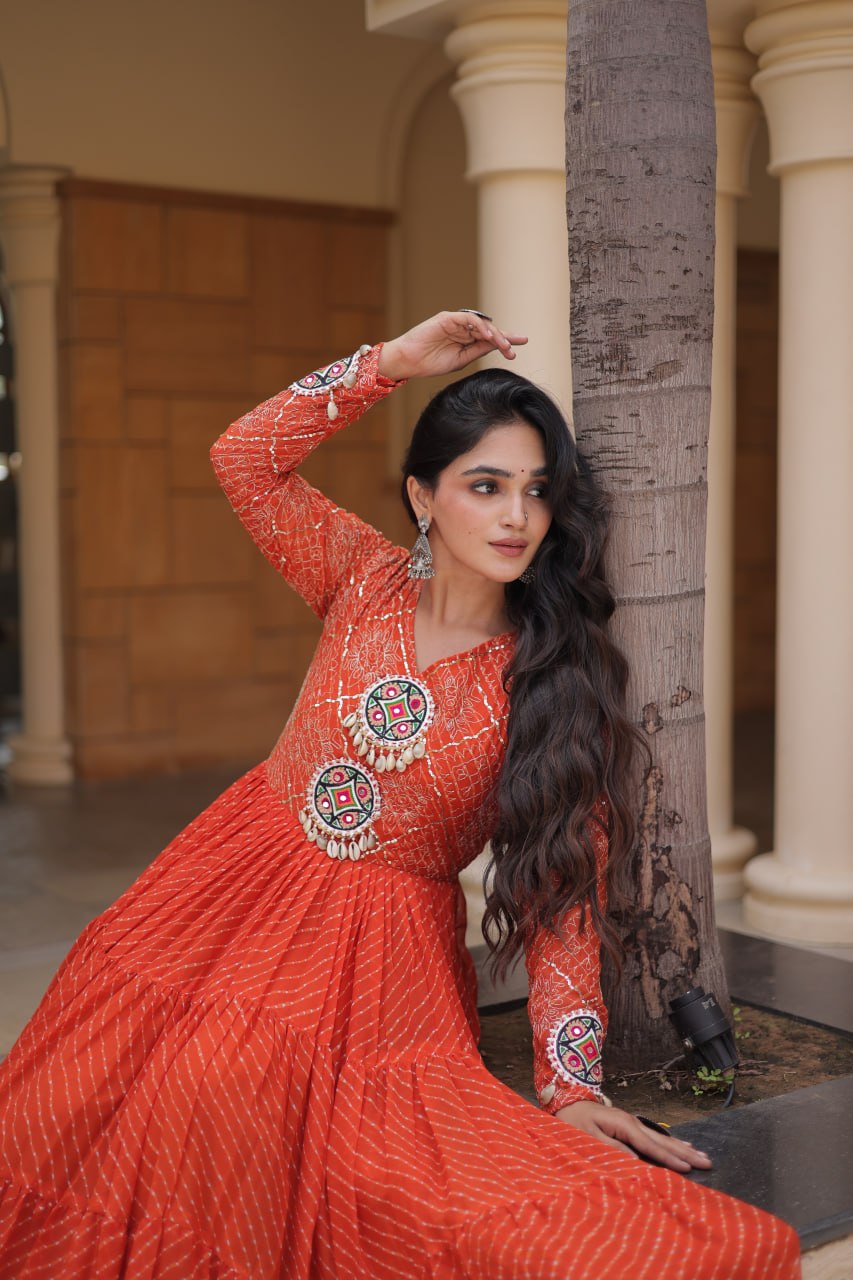 RangBhoomi Navratri Gown 2026 – Laheriya Print with Kutchi Patchwork, Faux Georgette Lined Cotton, Full Sleeve, 56 Inch Length