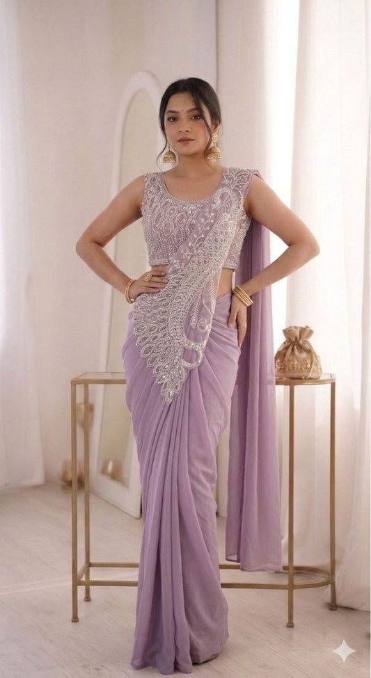 Elegant Ready-to-Wear Heavy Georgette Saree with Intricate Embroidery and Sequin Work, Featuring a Fully Stitched Embroidered Georgette Blouse with Extra Sleeves