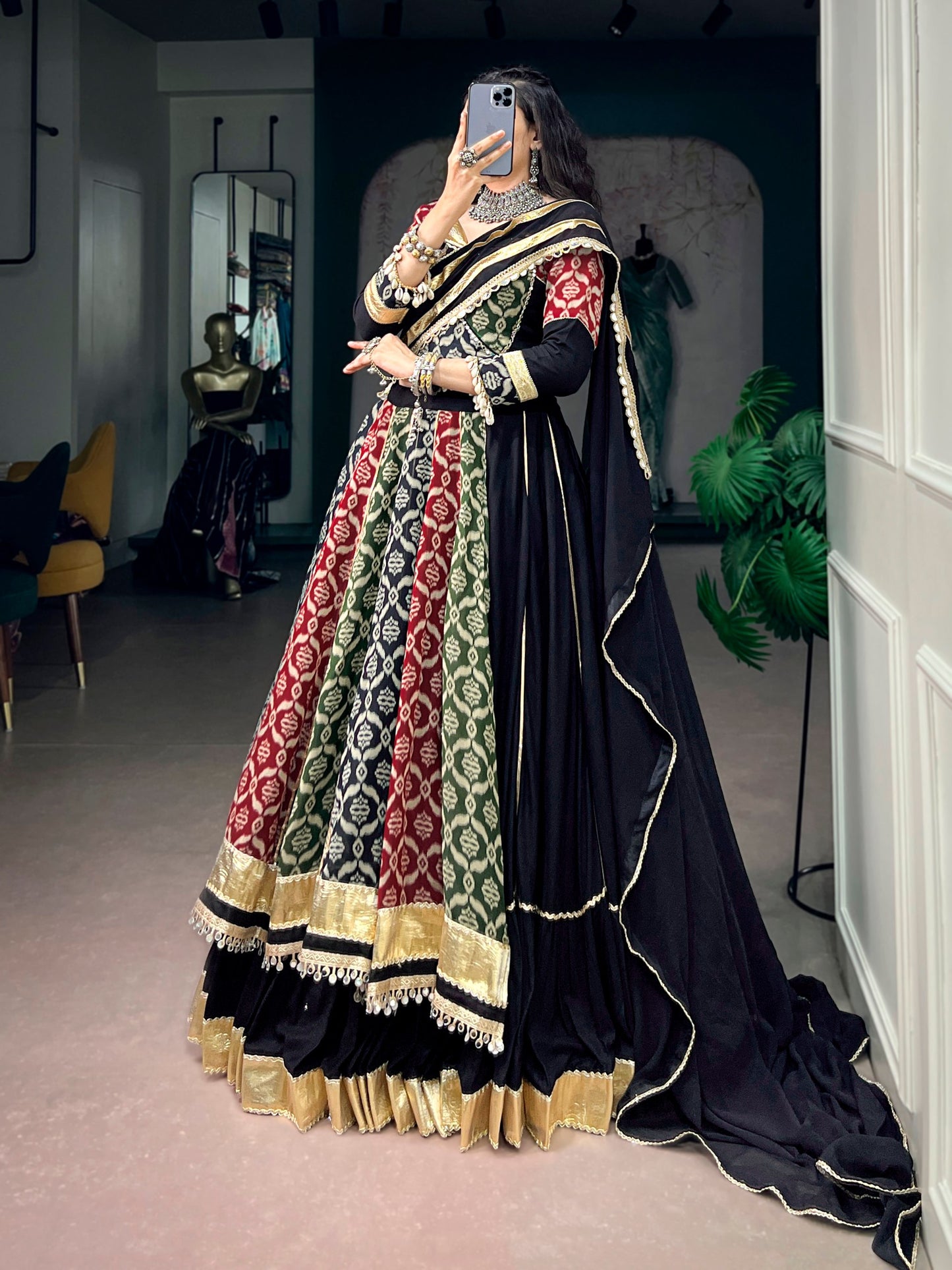 RangBhoomi Navratri Lehenga Set — Pure Rayon Heritage Print with Lace & 7m Flair