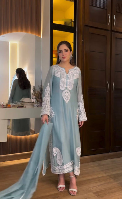 Elegant Designer Party Wear Set with Pure Soft Nylon Organza Silk Top, Palazzo Pants & Dupatta