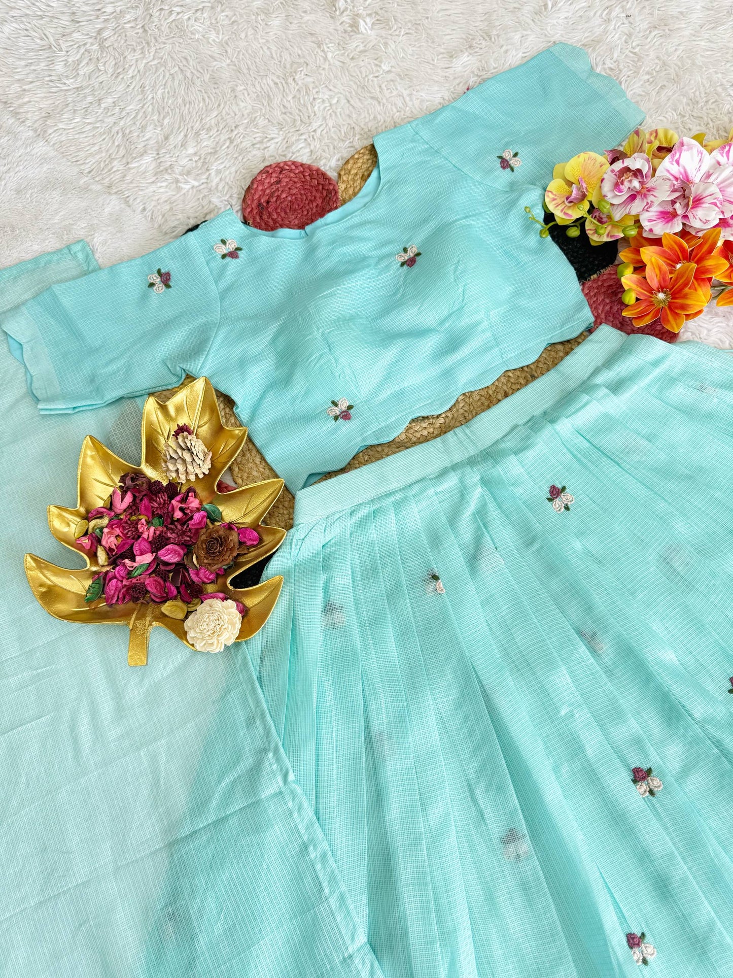 Elegant Summer Special Floral Kota Checks Lehenga Choli with Exquisite Embroidery – Perfect Blend of Style and Comfort