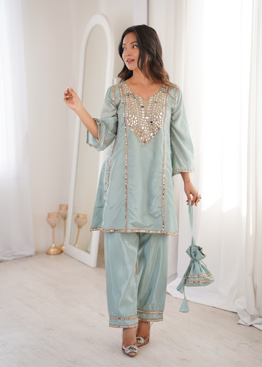 Ready-to-Wear Kurti and Pant Set with Decorative Drawstring Bag - Mirror Embroidered Collection 2026
