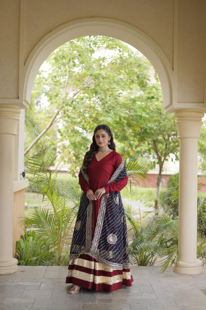 RangBhoomi Navratri Gown & Dupatta Collection 2026 – Full-Sleeve V-Neck Reyon Gown with Georgette Dupatta