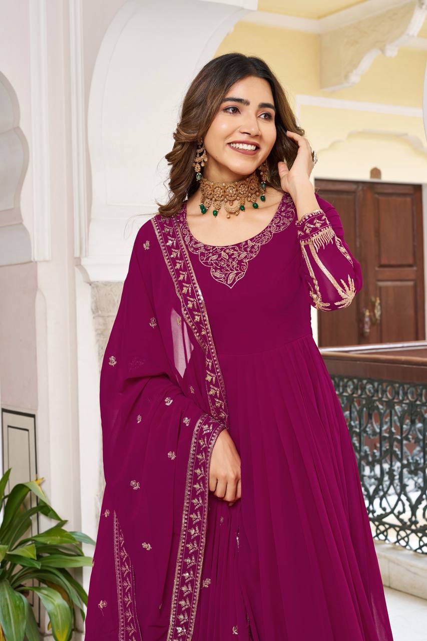 RangBhoomi Elegant SP Series Gown Set with Realistic Modeling - Faux Georgette & Microfiber Fabric, Thread and Sequence Embroidery