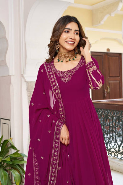 RangBhoomi Elegant SP Series Gown Set with Realistic Modeling - Faux Georgette & Microfiber Fabric, Thread and Sequence Embroidery