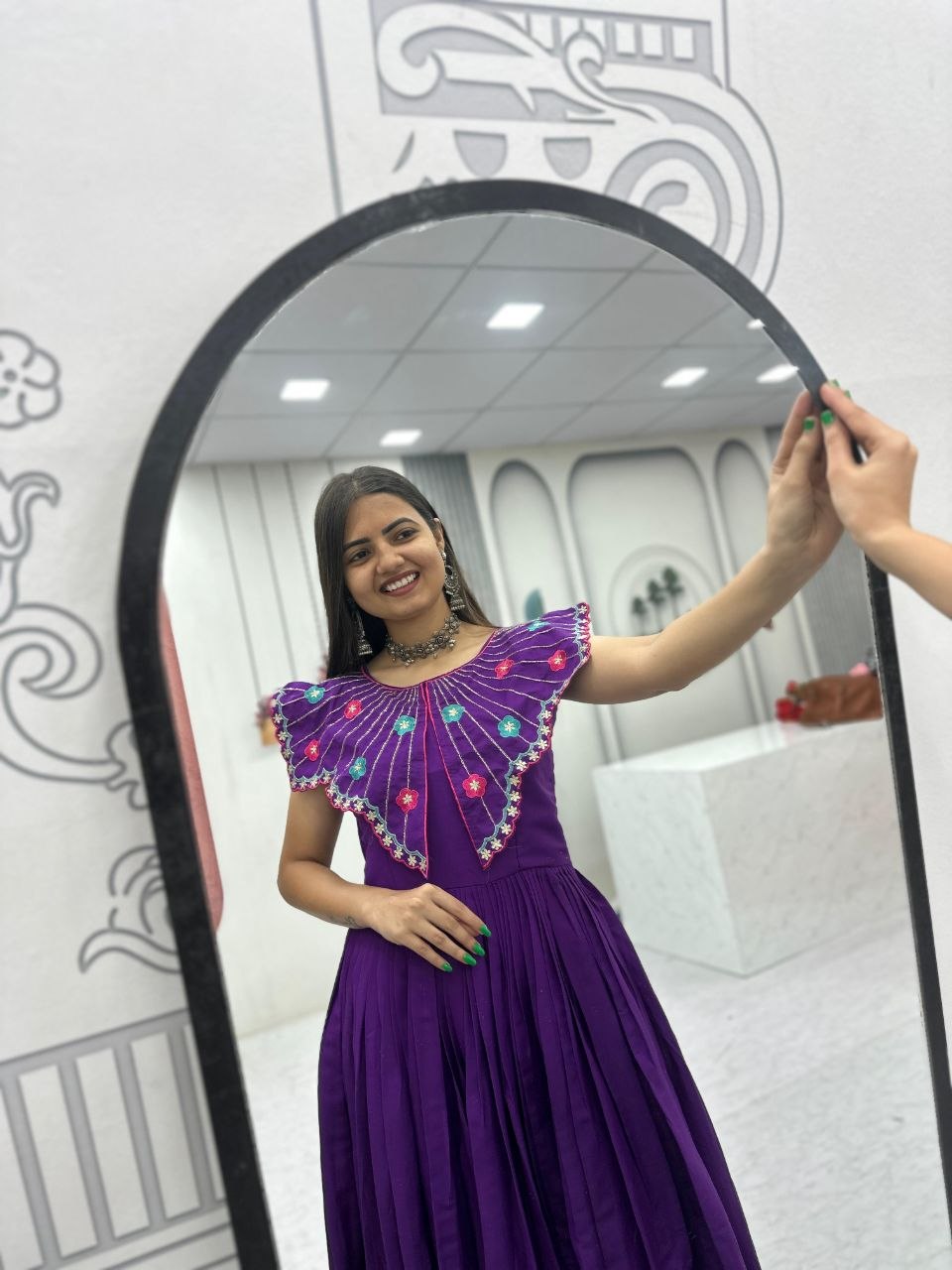 Trendy Hand-Embroidered Roman Fabric Gown with Soft Micro Cotton Lining, Fully Stitched, Available in Sizes M to XL and Beyond