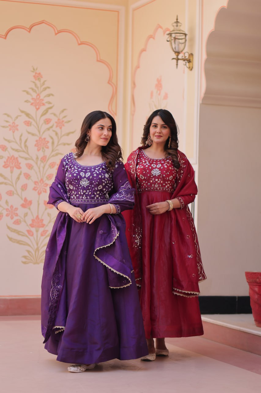 Elegant Gold Crush Embroidered Gown and Designer Dupatta Set
