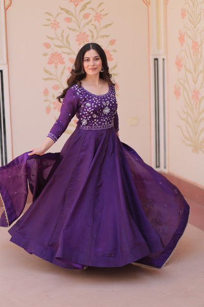 Elegant Gold Crush Embroidered Gown and Designer Dupatta Set