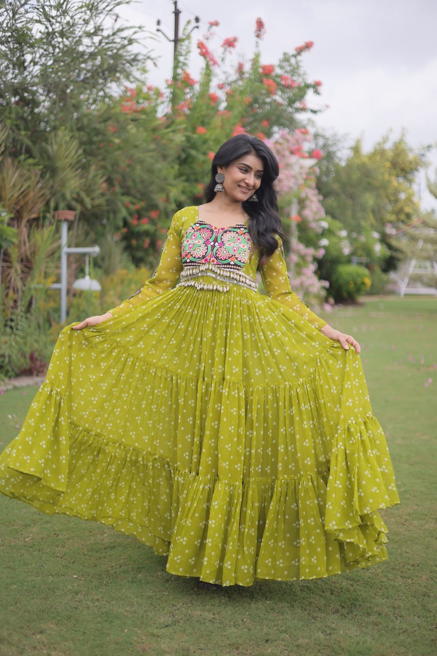 RangBhoomi Bandhani & Kutchi Patchwork Faux Georgette Gown — Full Sleeve, 12m Flair, Cotton Lining