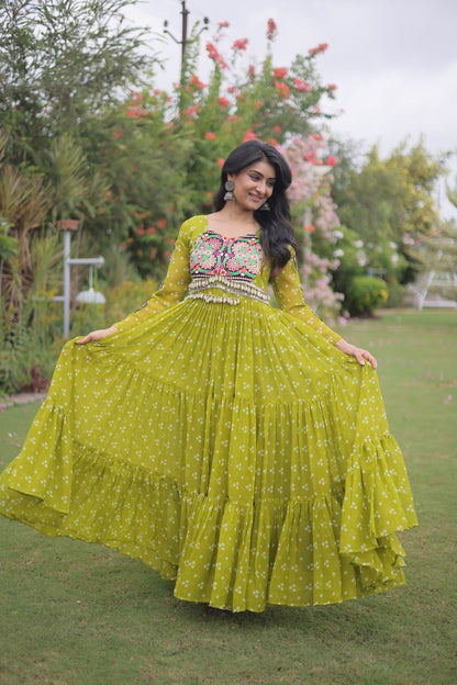 RangBhoomi Bandhani & Kutchi Patchwork Faux Georgette Gown — Full Sleeve, 12m Flair, Cotton Lining