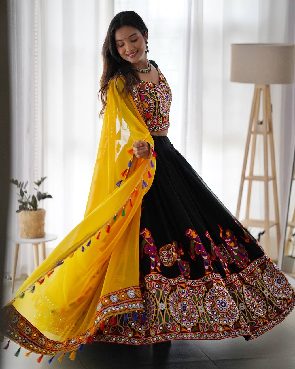 RangBhoomi Elegant Faux Georgette Mirror-Work Lehenga Set for Festive Celebrations