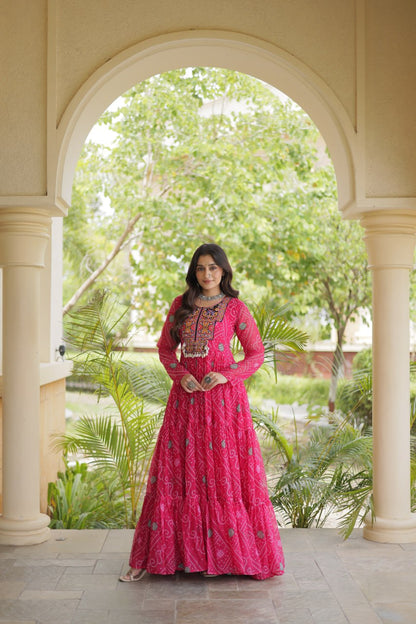RangBhoomi Bandhani & Kutchi Patchwork Faux Georgette Gown — Festive Navratri Edition