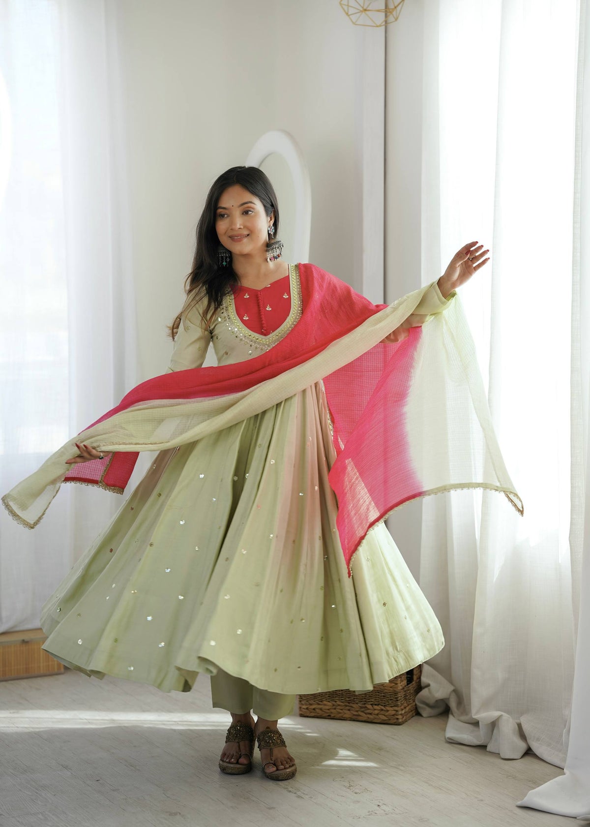 RangBhoomi Roman Silk Anarkali Set with Mirror Embroidery & Kota Chexs Dupatta - Ready-to-Wear