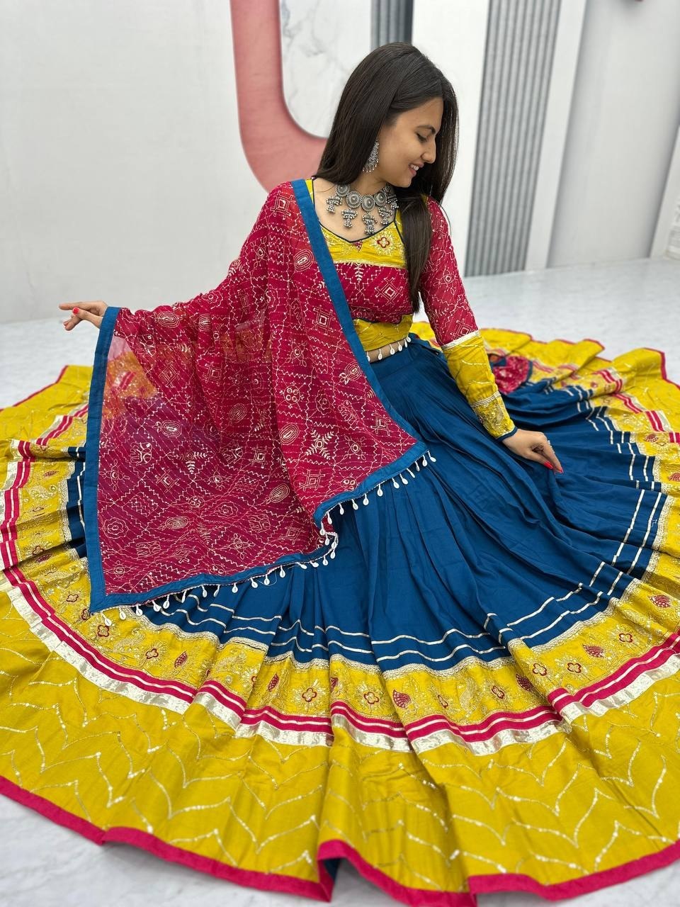 RangBhoomi Navratri Special Pure Cotton Embroidered Lehenga Choli with 6m Flair and Heavy Dupatta