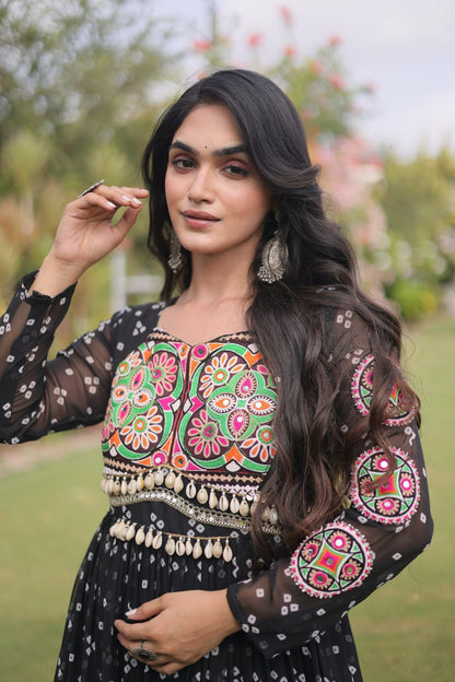 RangBhoomi Bandhani & Kutchi Patchwork Faux Georgette Gown — Full Sleeve, 12m Flair, Cotton Lining