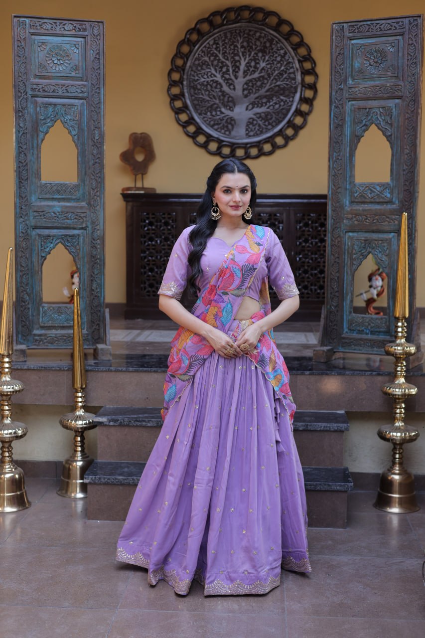 Elegant Lehengha Choli Set with Embroidered Cosmos Silk and Printed Tabby Silk Dupatta