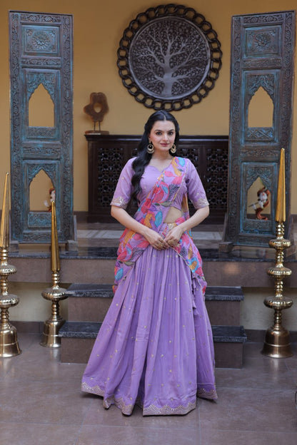 Elegant Lehengha Choli Set with Embroidered Cosmos Silk and Printed Tabby Silk Dupatta
