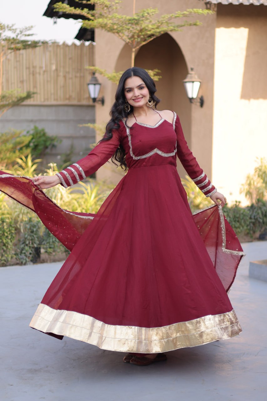 RangBhoomi Silver Mirror Lace Gown with Dupatta - Elegant Occasion Wear