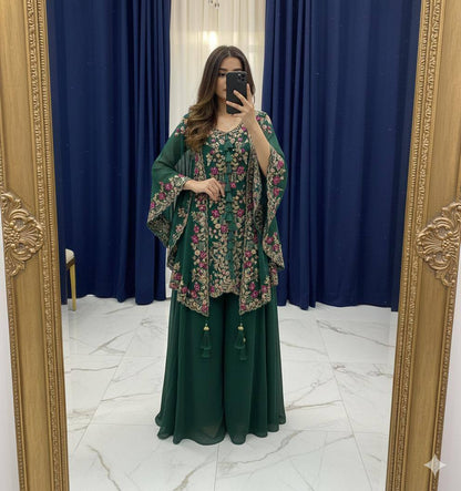 Elegant Designer Kurta and Palazzo Set with Sequined Embroidered Shrug in Luxurious Faux Georgette Fabric
