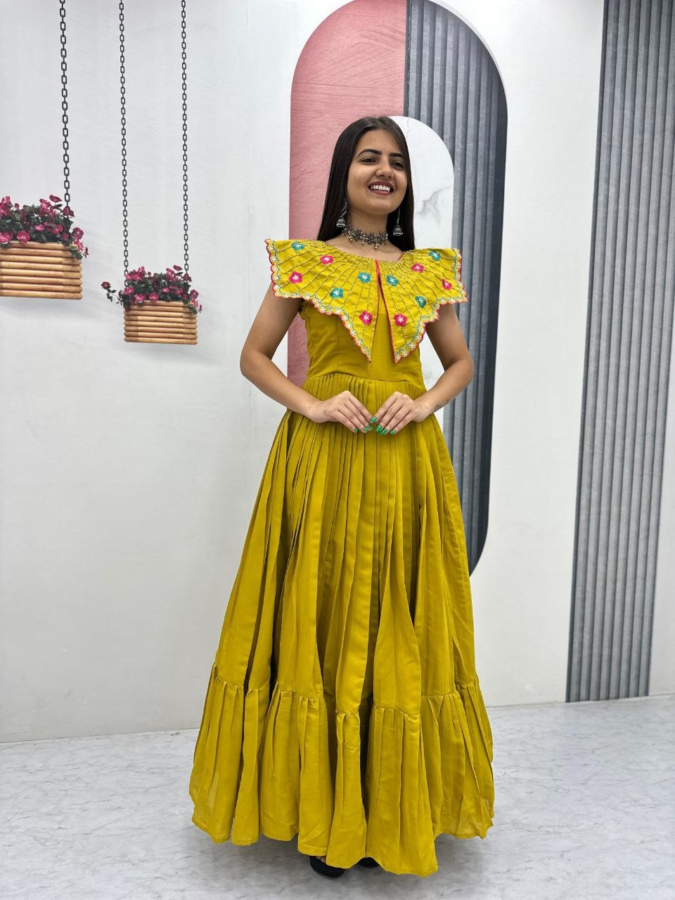 Trendy Hand-Embroidered Roman Fabric Gown with Soft Micro Cotton Lining, Fully Stitched, Available in Sizes M to XL and Beyond