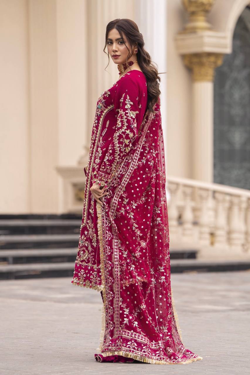 Elegant Ready-to-Wear Designer Set in Faux Georgette with Intricate Heavy Embroidery and Sequins - Fully Stitched Top, Bottom, and Dupatta