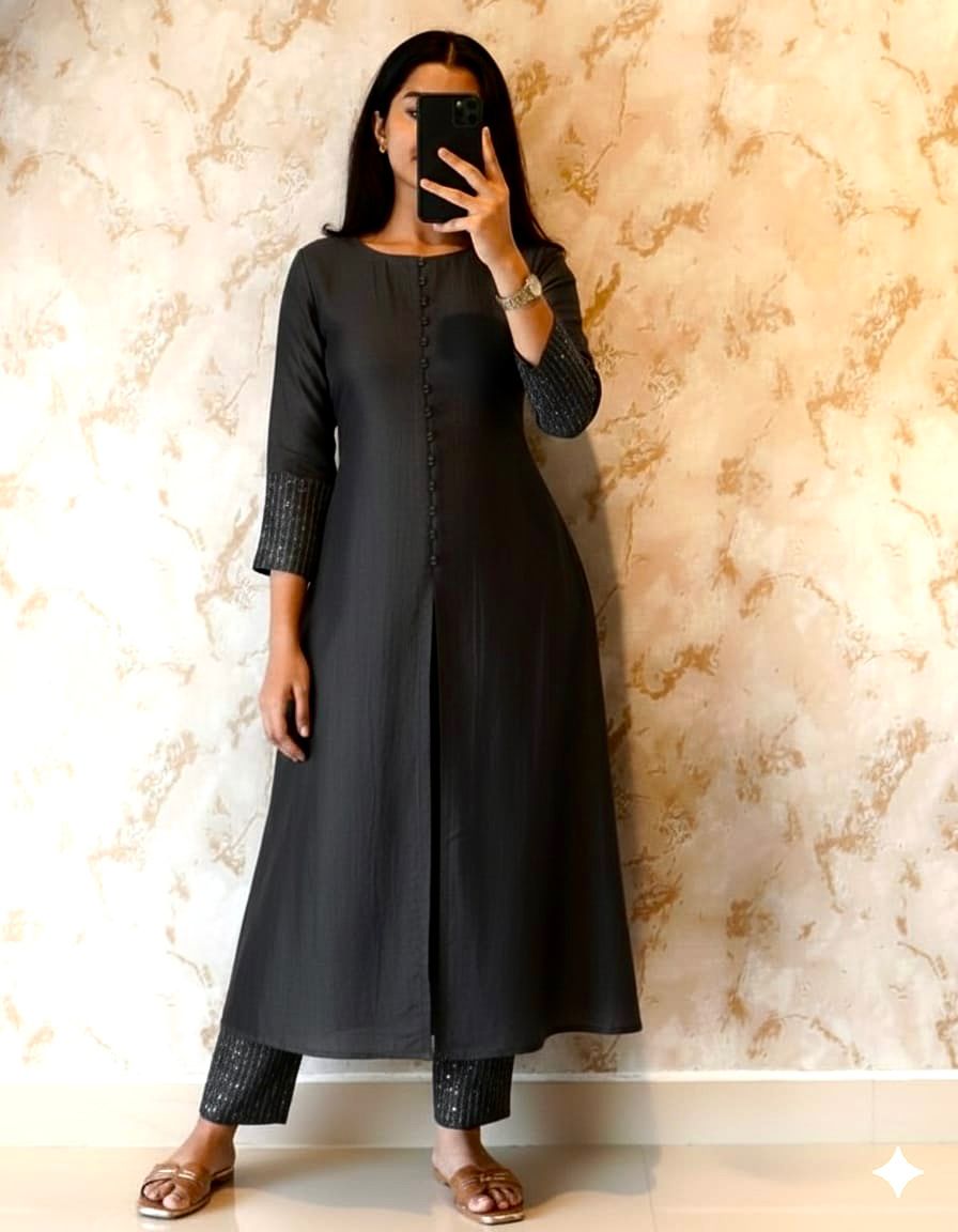 Elegant A-line Kurta Set in Luxurious Blooming Vichitra Silk