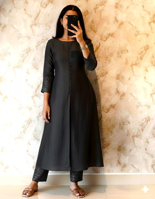 Elegant A-line Kurta Set in Luxurious Blooming Vichitra Silk