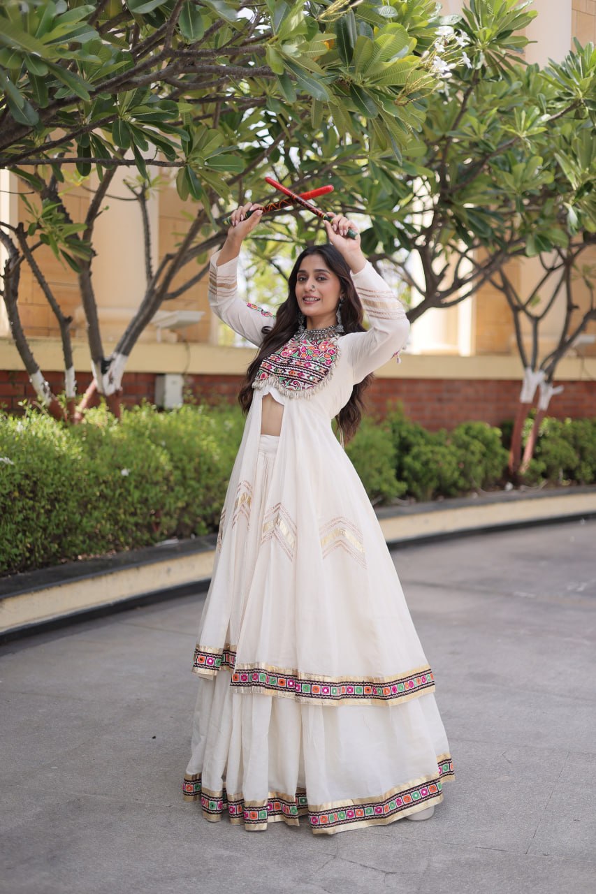 RangBhoomi Feather-Light Jacket Lehenga Set – Lotus Handwork, Long Jacket Ready-to-Wear