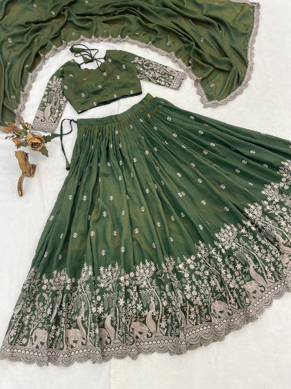 Elegant Olive Green Embroidered Lehenga Set for Festive and Wedding Celebrations