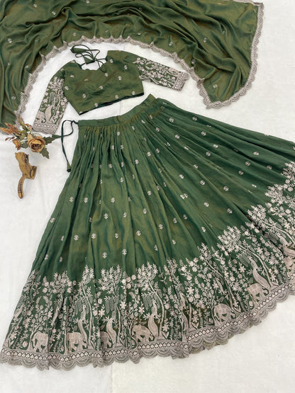 Elegant Olive Green Embroidered Lehenga Set for Festive and Wedding Celebrations