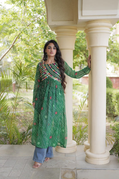 RangBhoomi Bandhani Faux Georgette Kutchi Patchwork Kurti — Navratri 2026