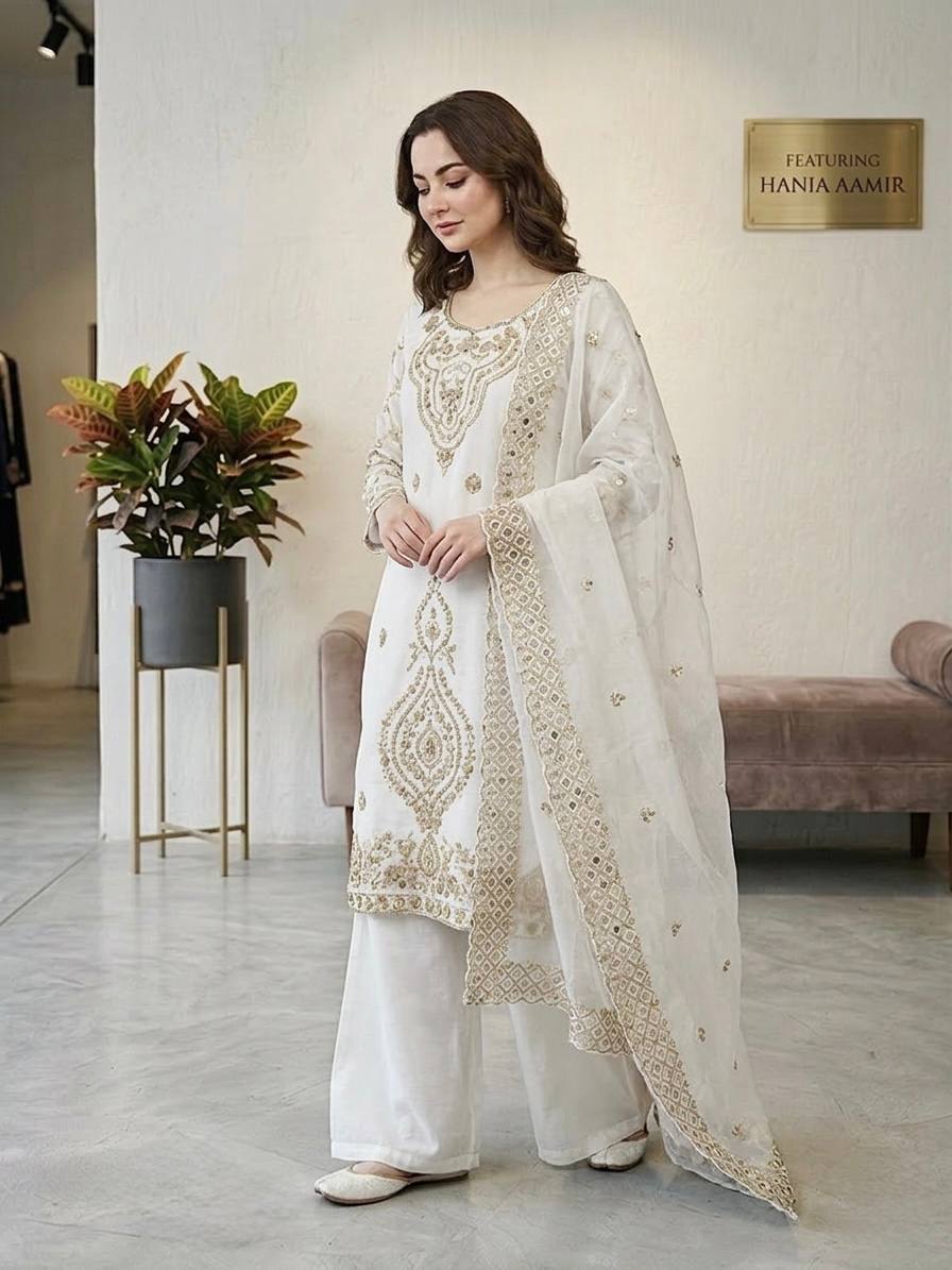 Elegant Designer Party Wear Top, Palazzos, and Dupatta Set with Intricate Heavy Embroidery and Beaded Detailing