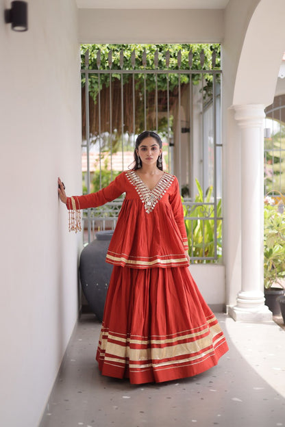 RangBhoomi Navratri Kora Cotton Full-Stitched Lehenga & Blouse Set with Mirror and Gota Work