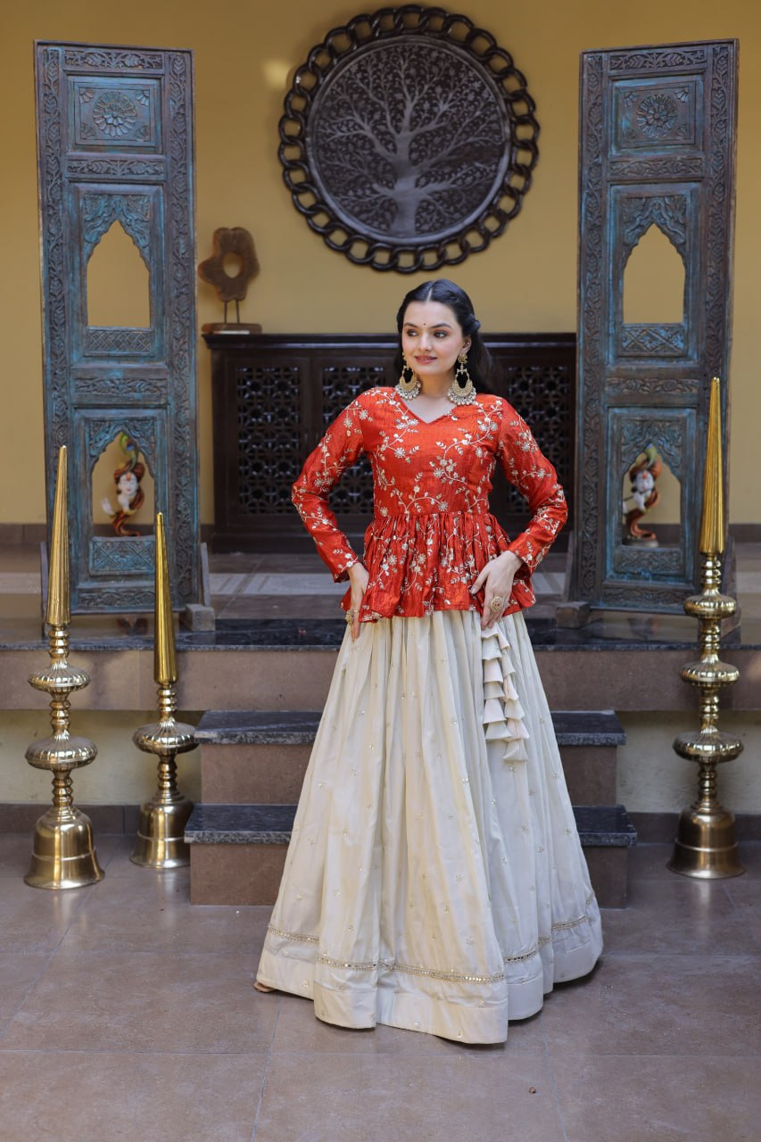 RangBhoomi Elegant Silk Embroidered Crop Top Set with Flared Lehenga and Sequined Detailing