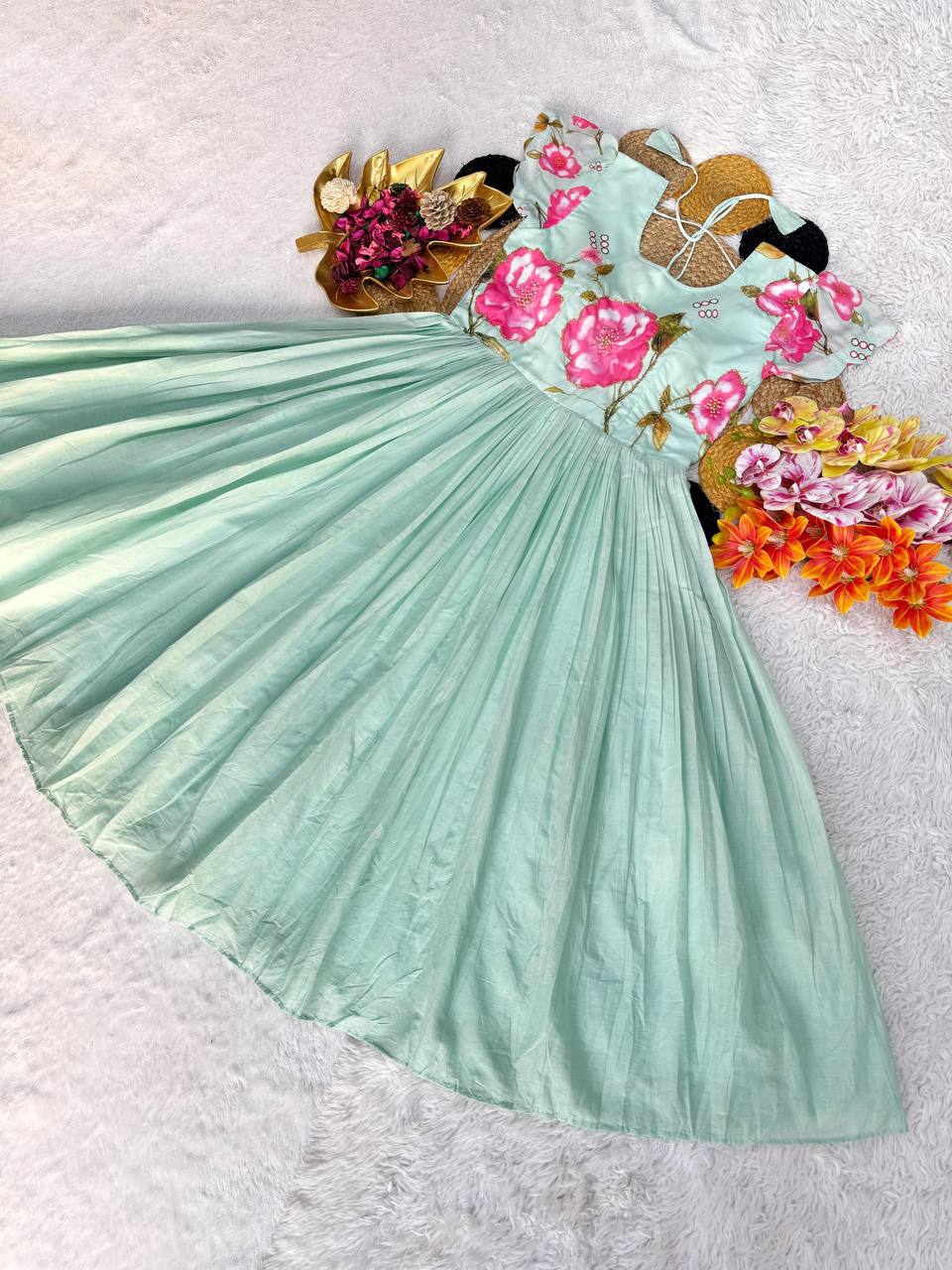 Elegant Mul Mul Cotton Gown with Intricate Maggam Embroidery – Where Style Meets Comfort