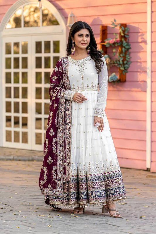 Elegant Party Wear Heavy Faux Georgette Gown with Embroidered Dupatta and Bottom Set
